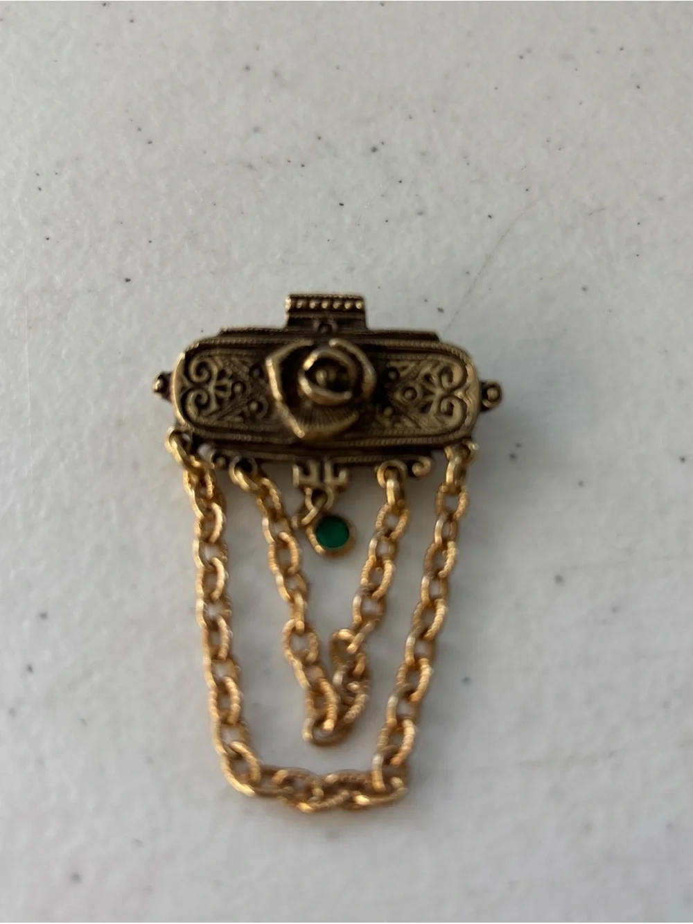 Gold-Tone Floral Chain Brooch with Green Accent